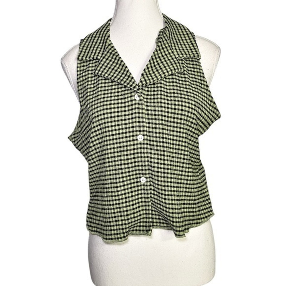 Dazy Green and Black Gingham Sleeveless Button Down Women's Top - Picture 1 of 12